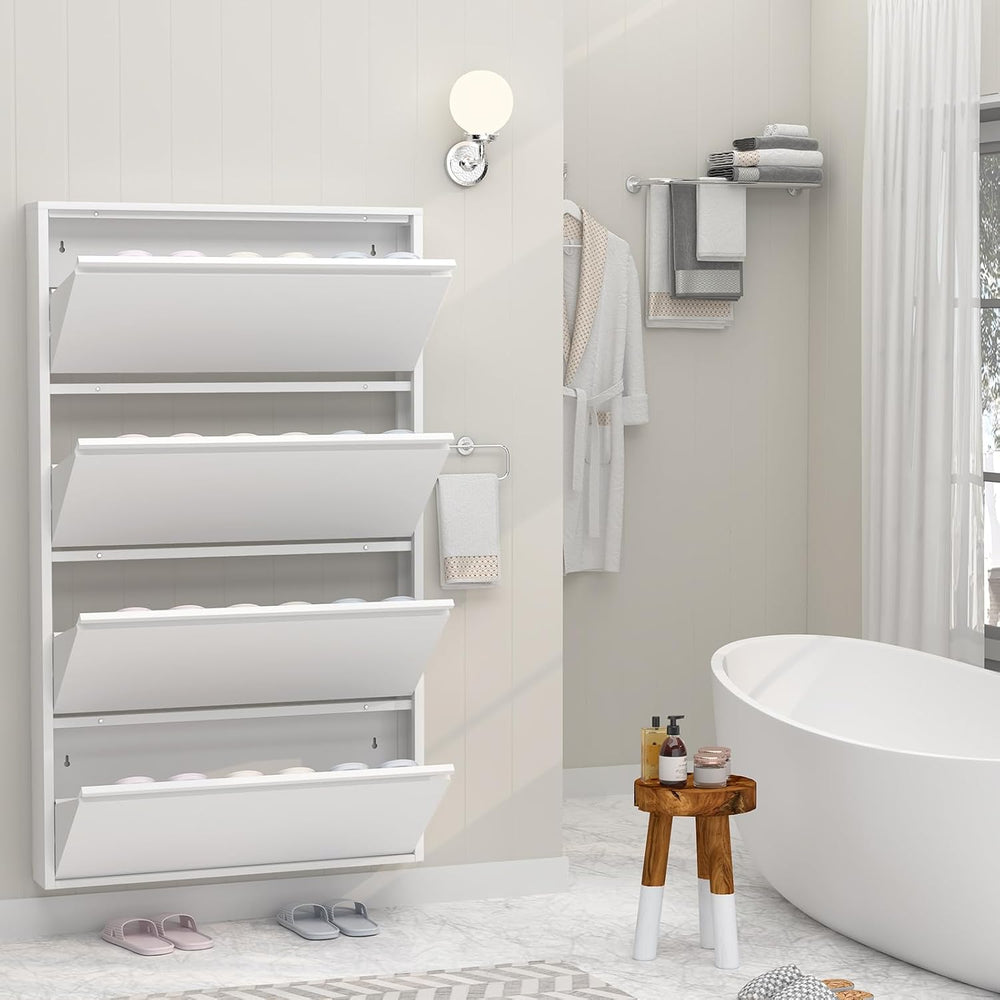 GREATMEET Slim Wall Mounted Metal Storage Cabinet with 4 Flip Drawers