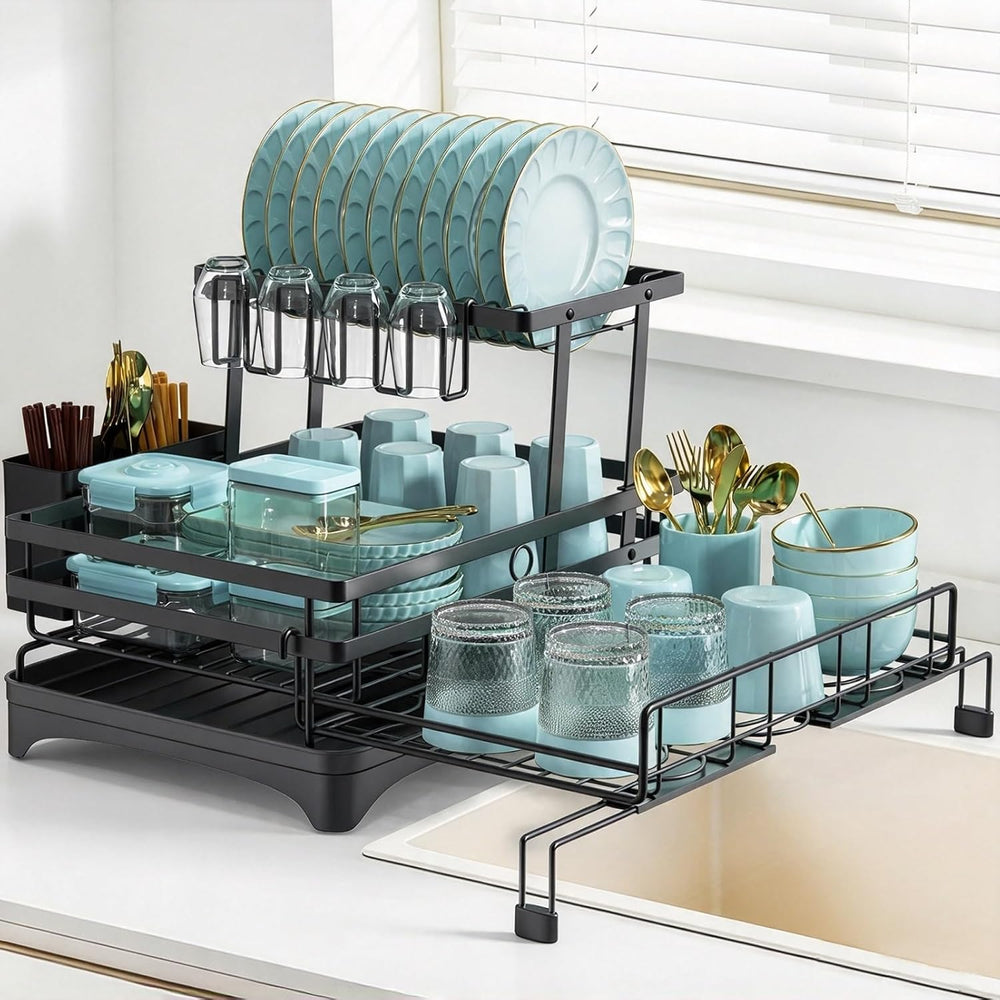 AULEEP 2-Tier Foldable Dish Drying Rack for Kitchen Counter Over the Sink