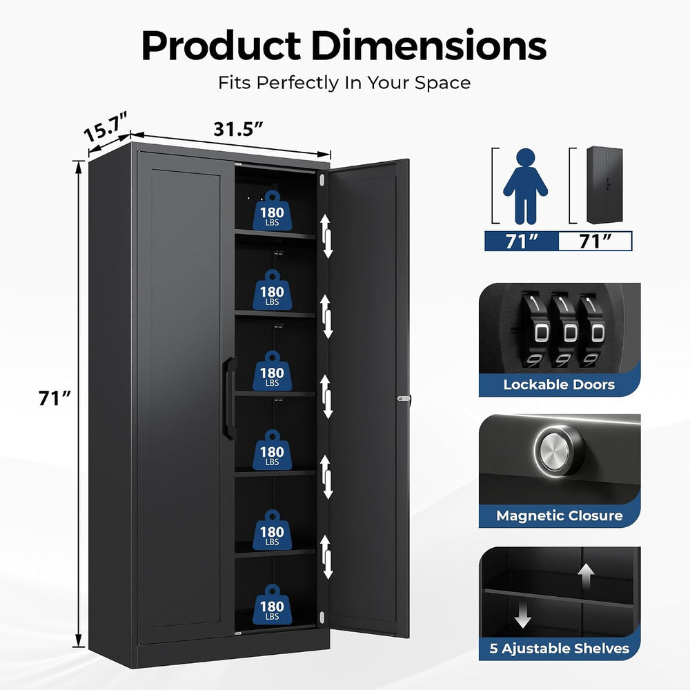 KAER 71" Metal Garage Storage Cabinet with Combination Lock, 5 Adjustabl...