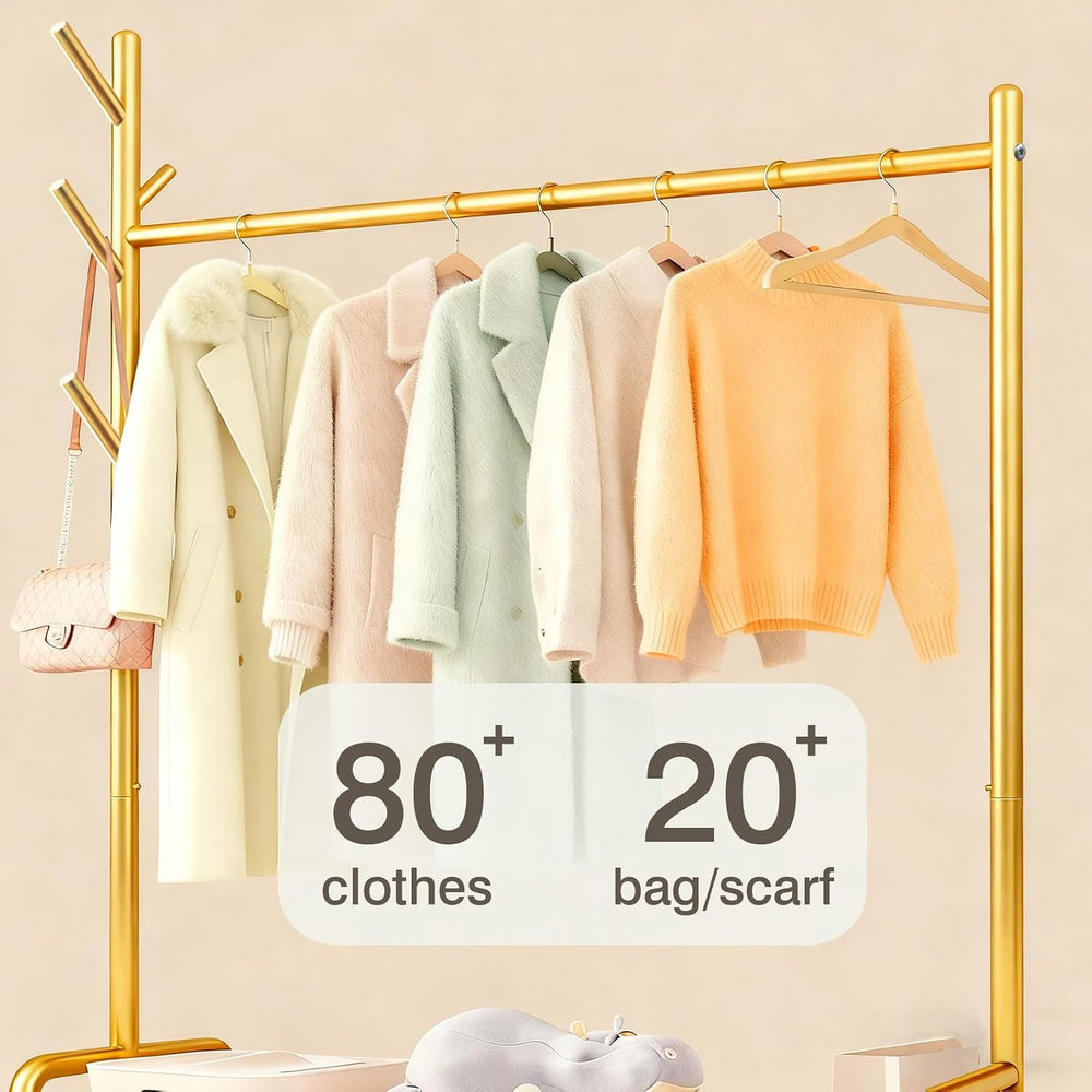 MYUPDALIN Rolling Metal Clothes Rack with Shelves & Storage Basket, Gold