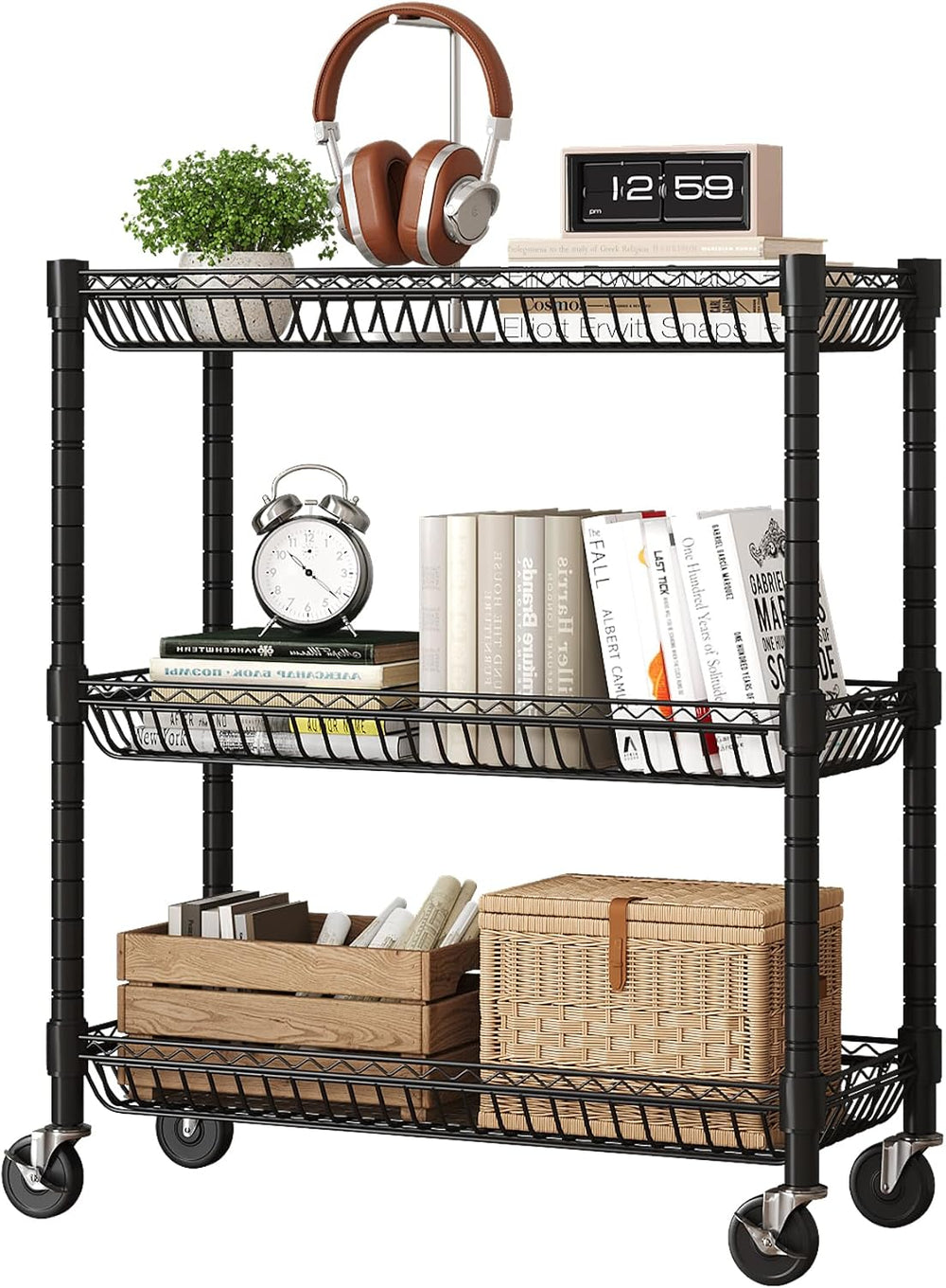 3-Tier Rolling Storage Shelves with Wire Baskets,30 x 13.5 x 30in