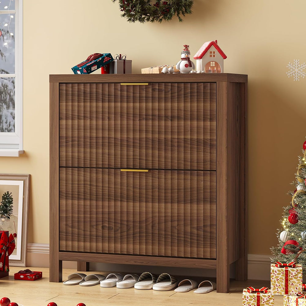 Fluted Shoe Cabinet Storage with 2 Flip Drawers for Entryway, Hallway
