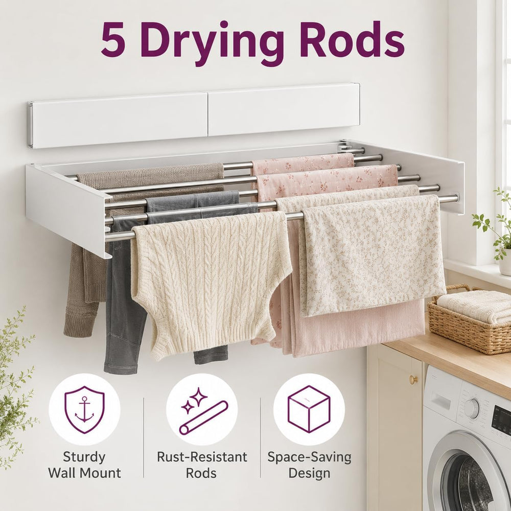 Wall Mounted Clothes Drying Rack, Foldable Retractable Laundry Rack with 5 Ro...