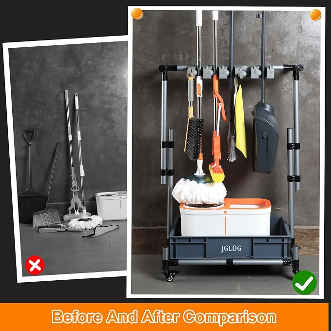 Freestanding Mobile Cleaning Tool Storage Rack, Mop and Broom Holder