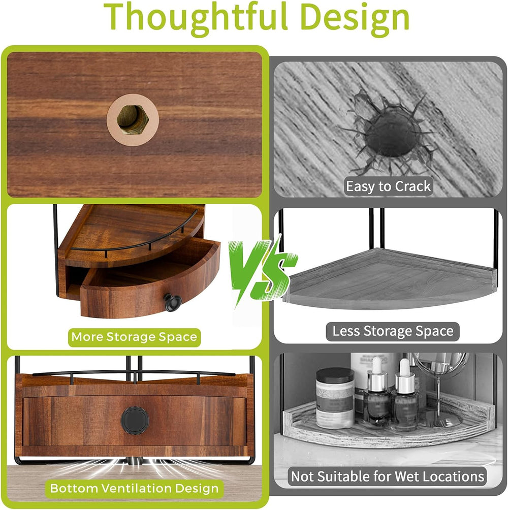 2-Tier Corner Bathroom Counter Organizer with Drawer, Acacia Wood