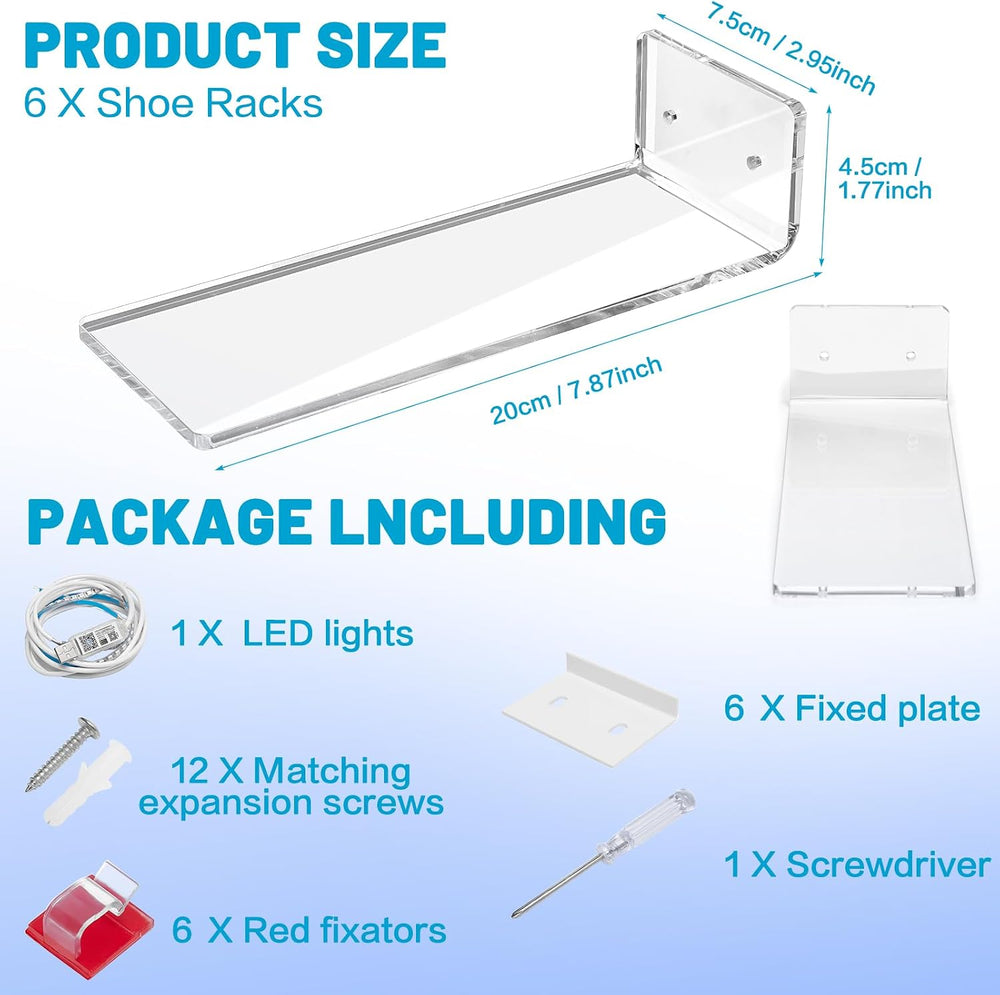 DILIBRA 6 Packs Floating Shoe Display Shelf with Light, Glow Color Changing