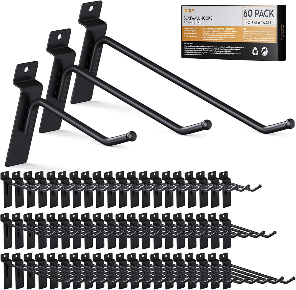 INCLY 60 Pack Slatwall Hooks, 4/6/8 Inch Slat Wall Hanging Hook and Hanger