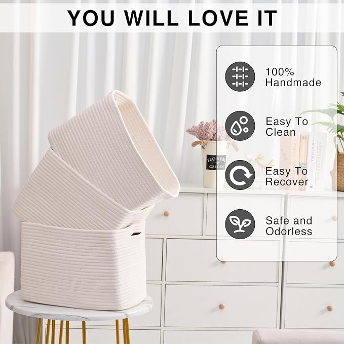 Storage Baskets for Organizing Shelves, Woven Cotton Rope Bins for Baby Nurse...
