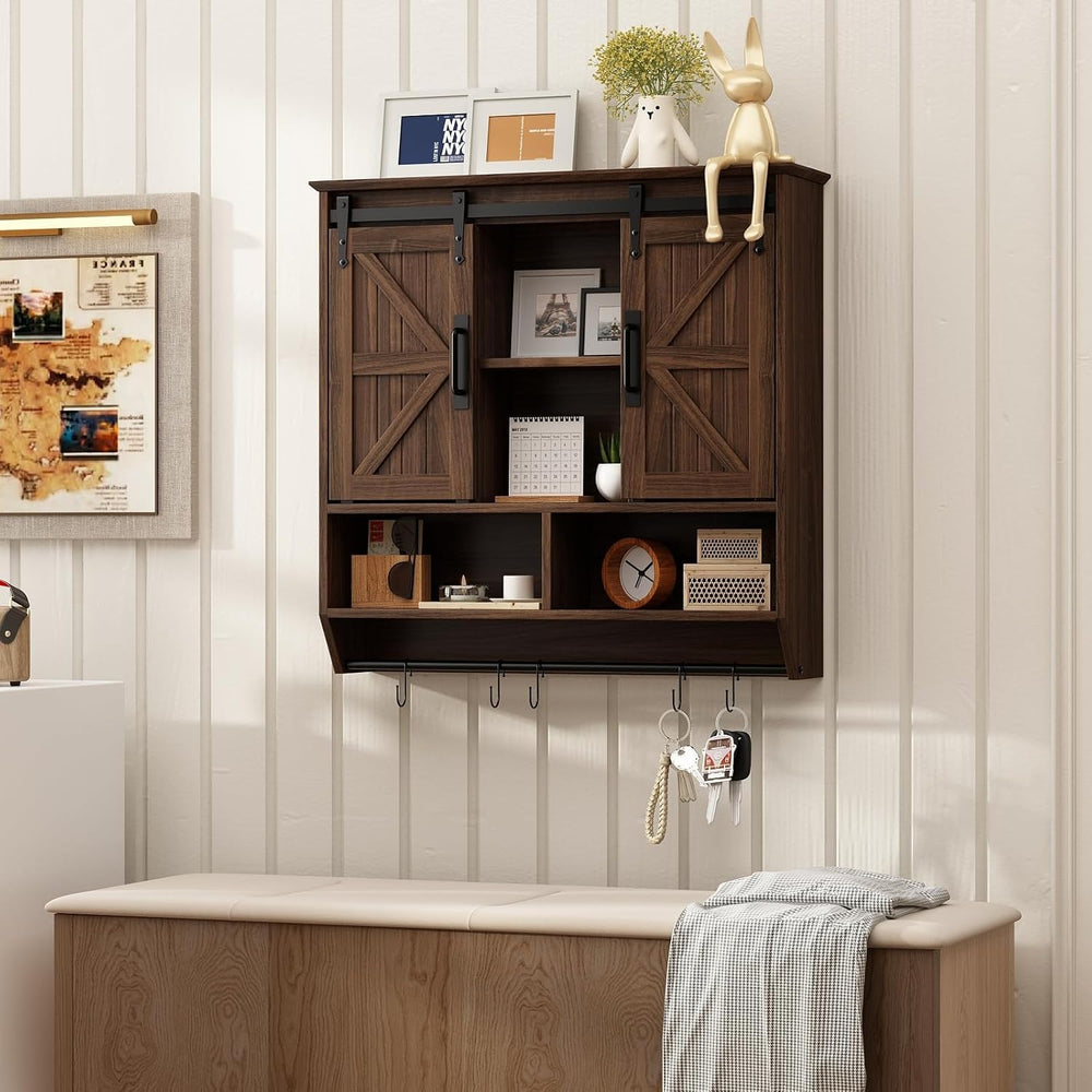 RUSTOWN Farmhouse Bathroom Wall Storage Cabinet with Sliding Barn Doors