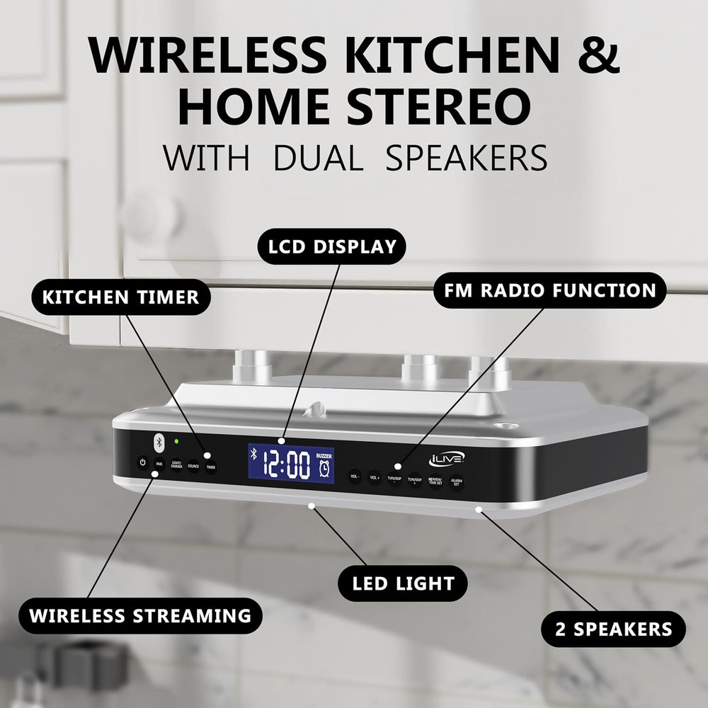 iLive Bluetooth Under Cabinet Radio with Clock, Timer & LED Kitchen Light
