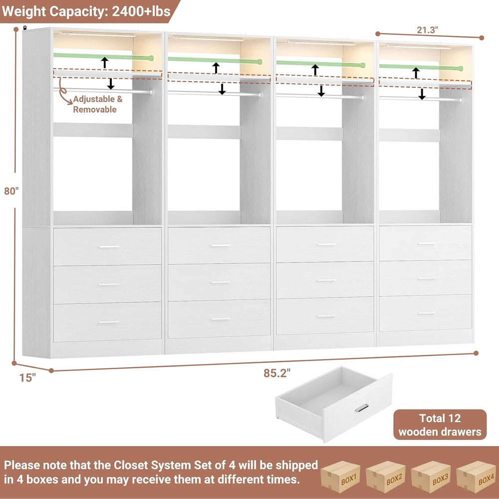Besiost Freestanding Closet Systems with 4 Motion Sensor LED Lights, 4 Set