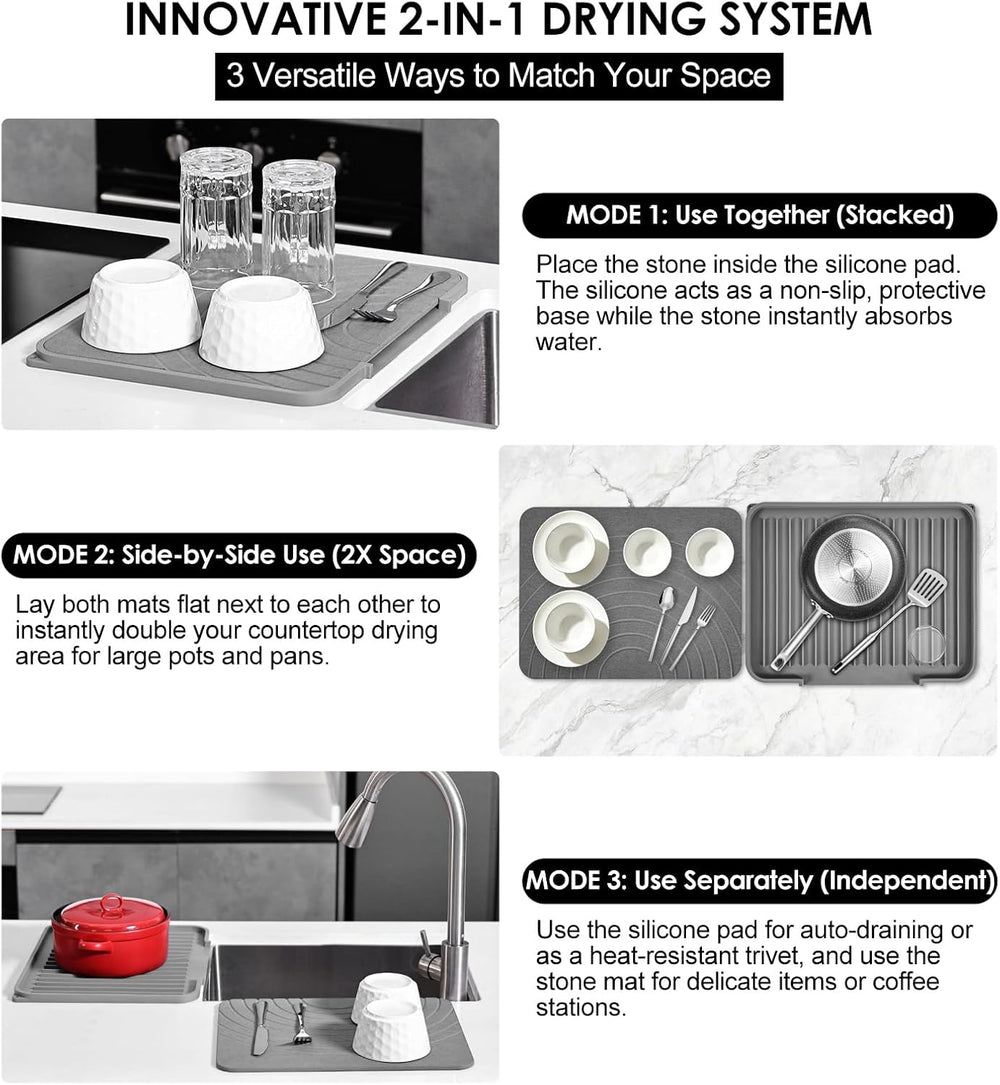 2-in-1 Stone & Silicone Dish Drying Mat, Grey_Ring line, 12.5"x15.6&...