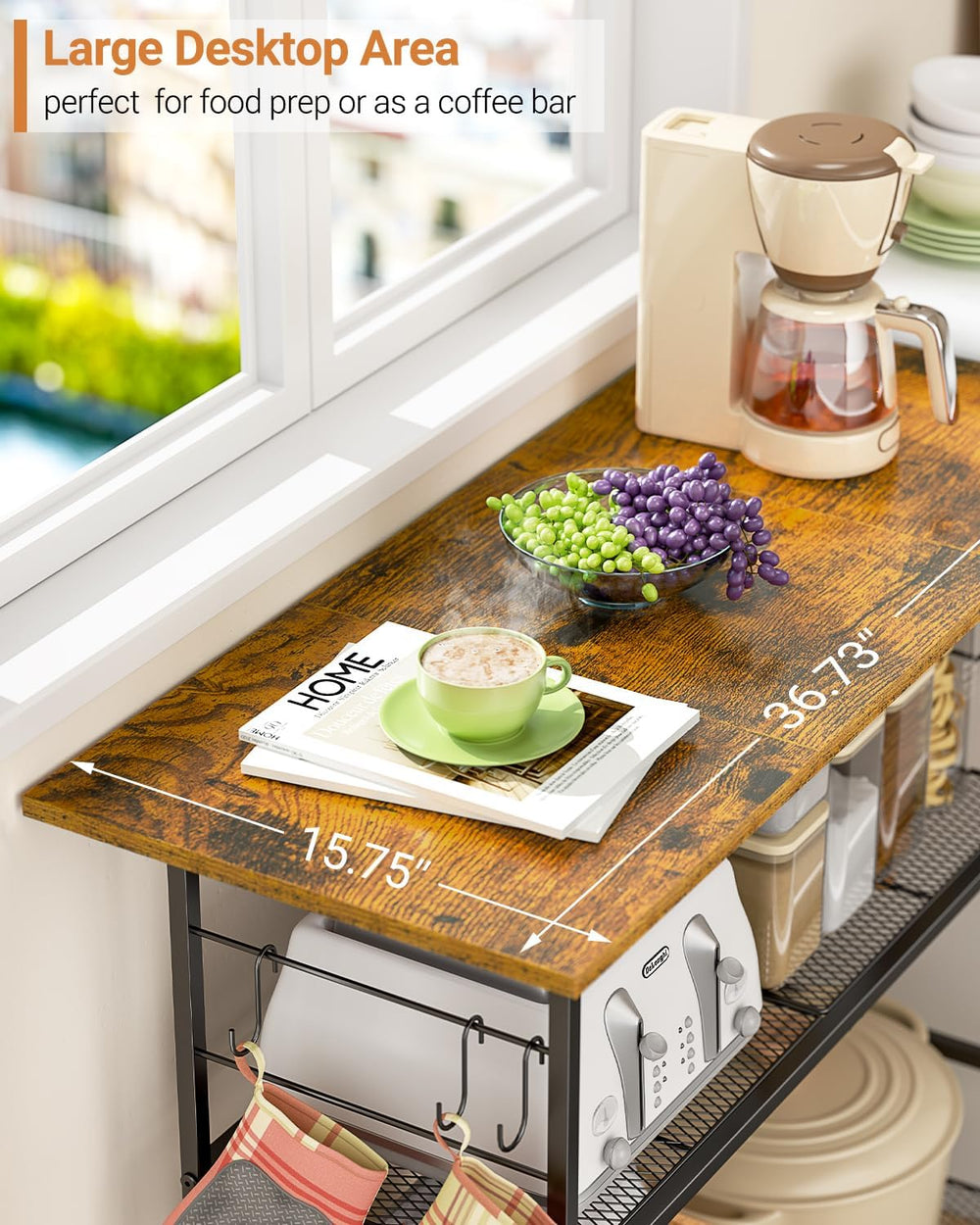 Kitchen Island with 3 Shelves, Rolling Kitchen Cart with 6 Hooks and Protecti...