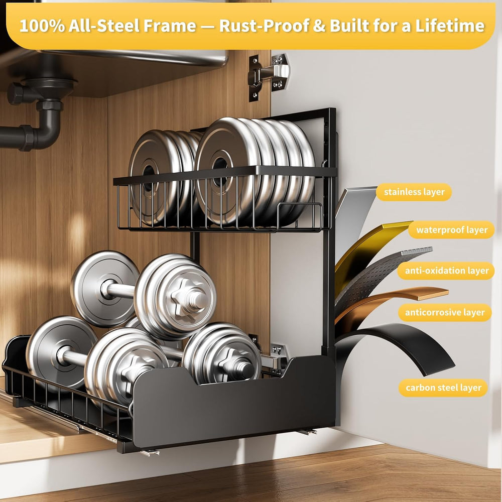Under Sink Organizer, 2-Tier L-Shaped Pull Out Cabinet Shelf with 2 Installat...