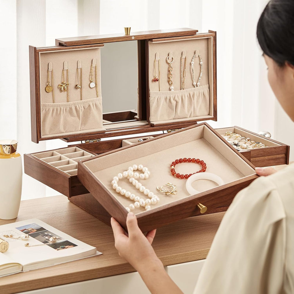 CHOSIN Black Walnut Wooden Jewelry Box for Women, 3 Level Multi-functional Dr...