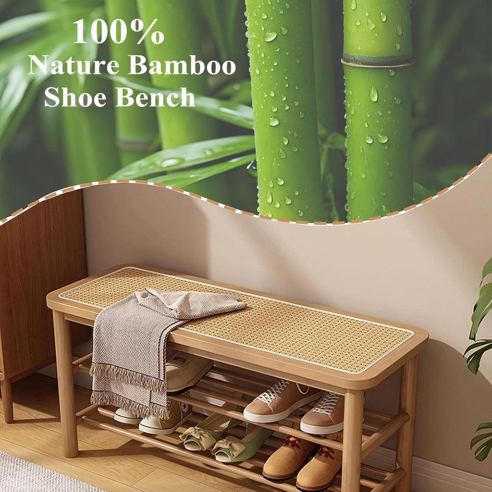 SOBIBO Bamboo Shoe Rack Bench with Rattan Seat, 3-Tier Shoe Storage Bench, En...