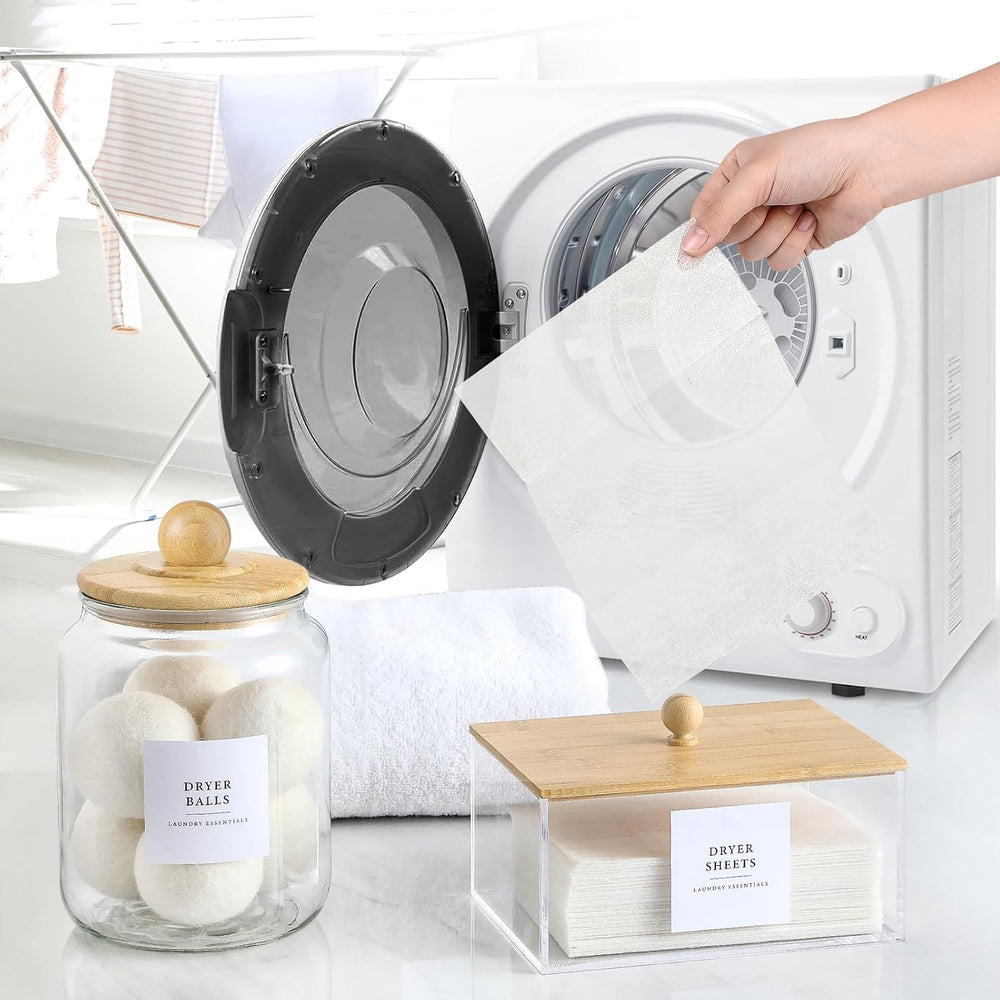 Glass Jars and Dryer Sheet Holder with Bamboo Lids, Dispenser Set and Labels,...
