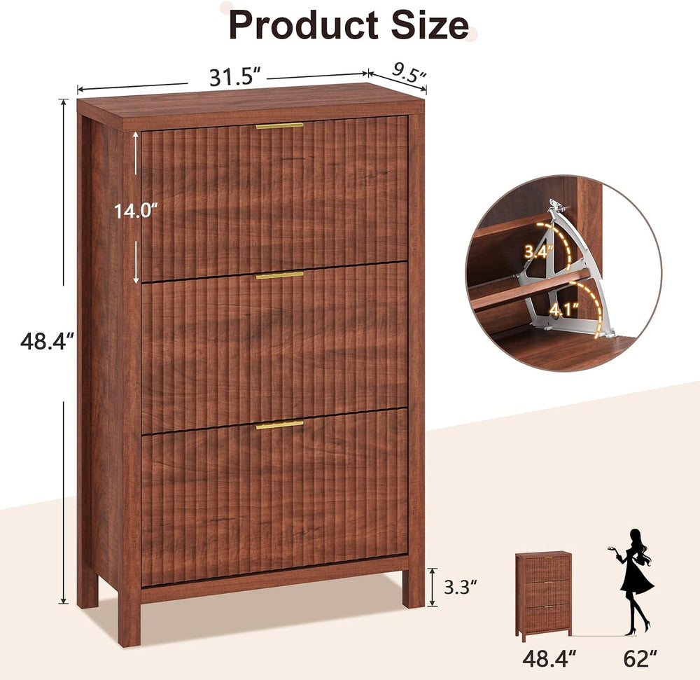 32" Fluted Shoe Cabinet Storage with 3 Flip Drawers for Entryway, Hallway
