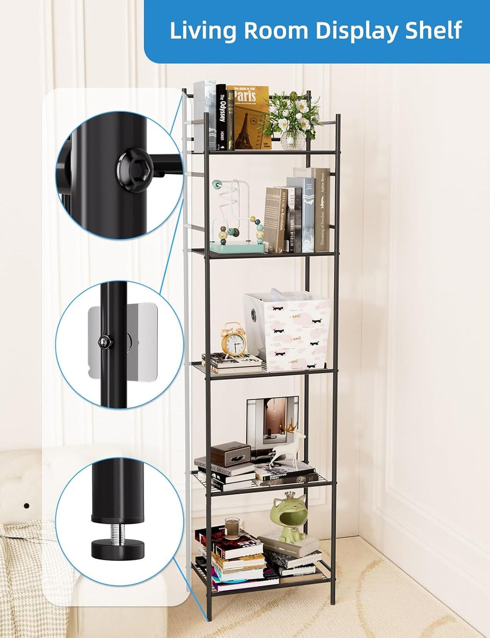 LEEDA 5-Tier Metal Shelving Unit, Sturdy Bathroom Storage Shelf & Free St...
