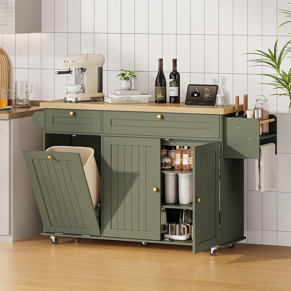 60" Kitchen Island with Drop Leaf & Trash Can Storage, Green+Brown