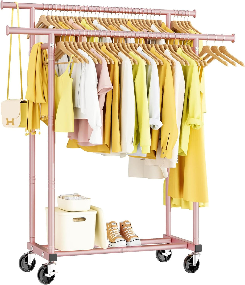 HYSEYY Double Rods Clothes Rack, Sturdy Rolling Clothing Rack, Portable Cloth...