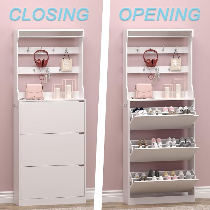 Shoe Cabinet with 3 Flip Drawers & Coat Rack, Narrow Hidden Shoe Storage ...