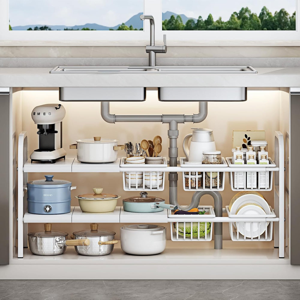 Under Sink Organizer，2 Tier Expandable Heavy Duty Metal Shelf，with 5 Removabl...