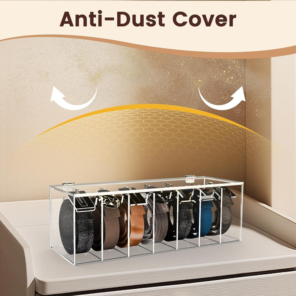 Acrylic Belt Organizer 7-Compartment Clear Storage Case with Flap Cover