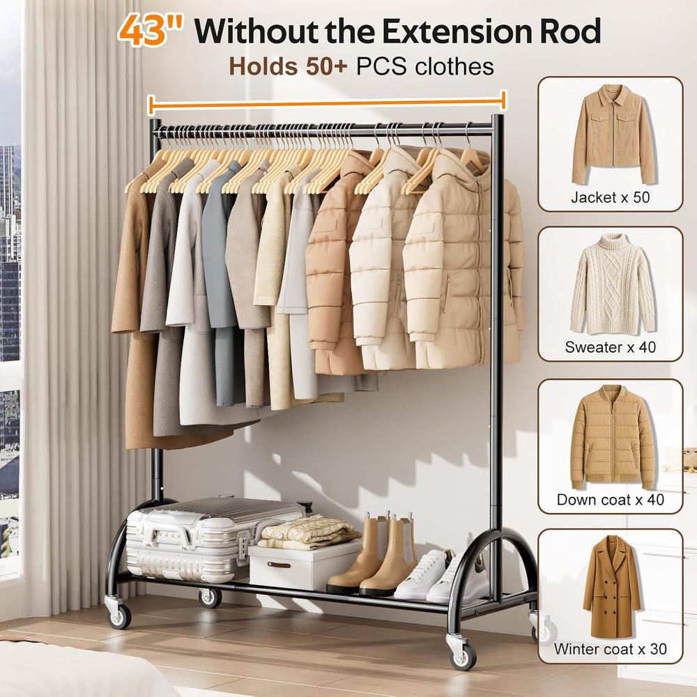 MISSLO Heavy Duty Clothing Rack with Wheels Rolling Clothes Racks for Hanging...