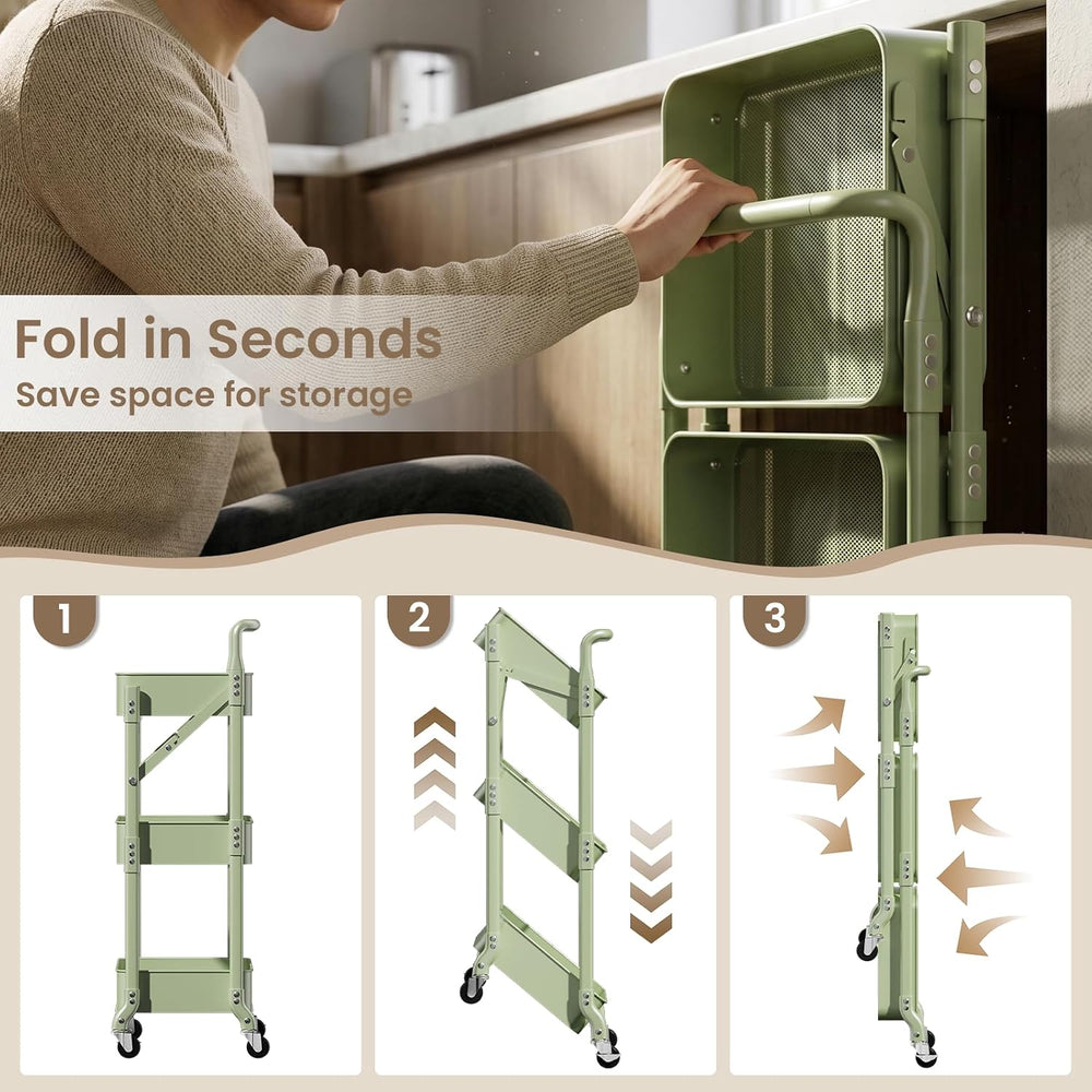 Foldable 3 Tier Rolling Cart, Metal Utility Cart with Wheels