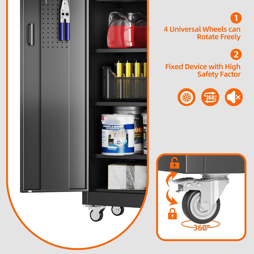 71" Metal Storage Cabinet with Wheels, 5 Adjustable Shelves, Black