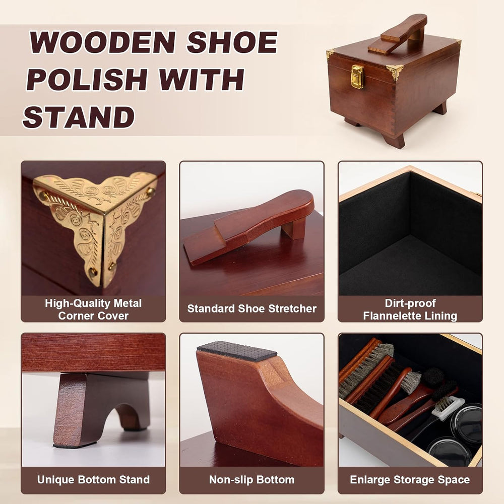 22Pcs Shoe Shine Box Kit with Leather Bag，Shoe Care Box with Stand，Wooden Sho...