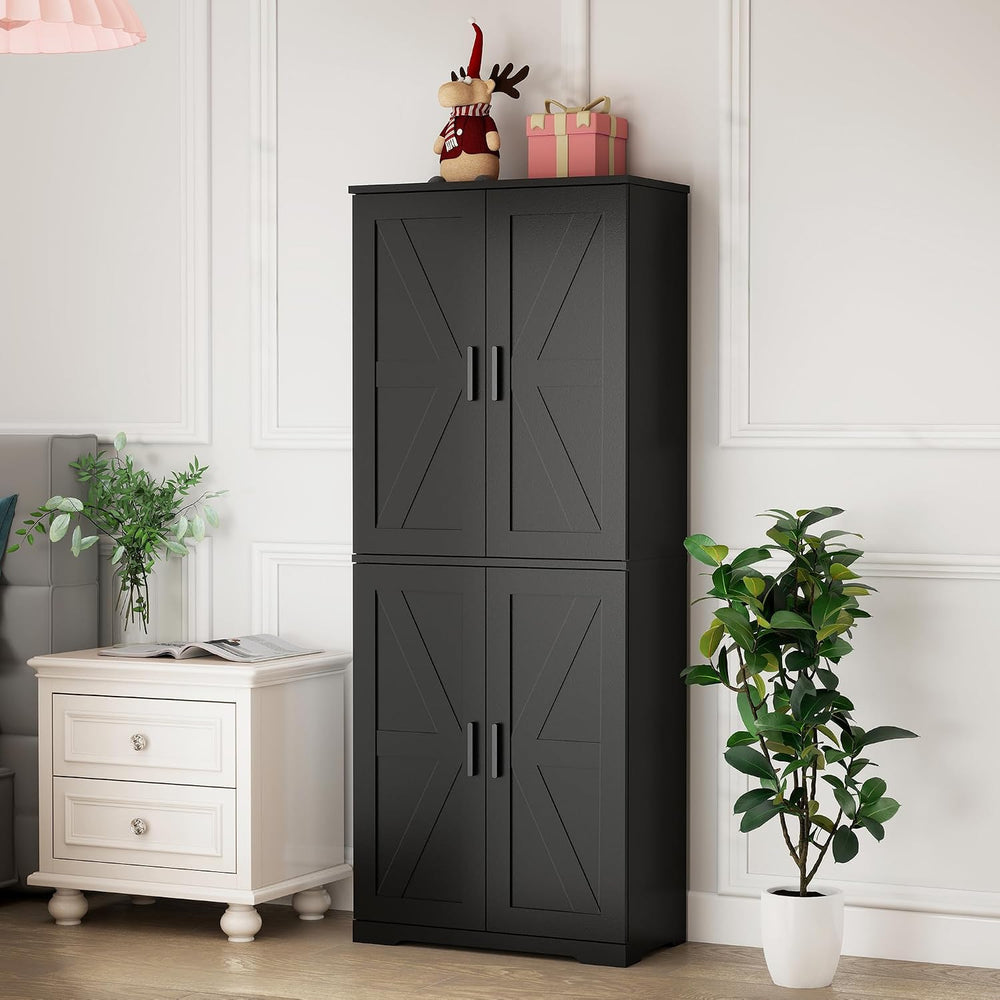 Farmhouse Storage Cabinet with 4 Door, Kitchen Pantry Storage with 4 Adjustab...