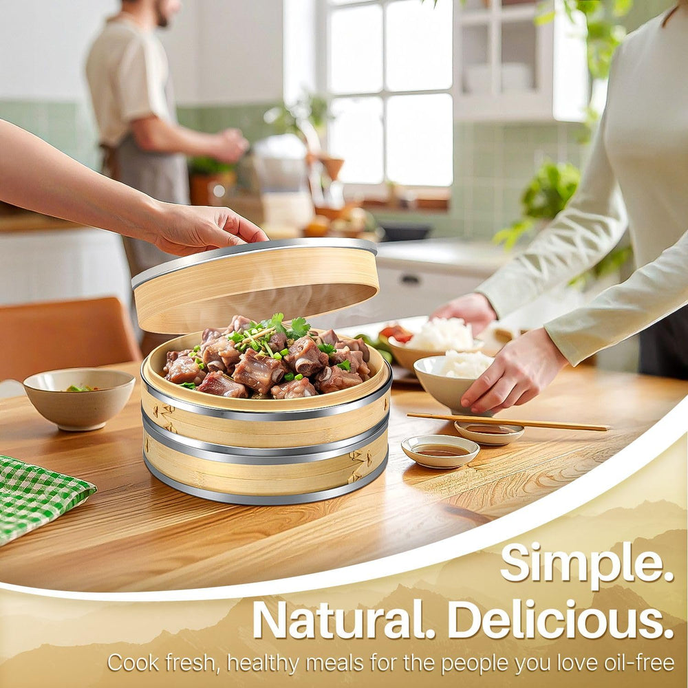 Flexzion 10-Inch Bamboo Steamer Basket Set with Stainless Steel Banding