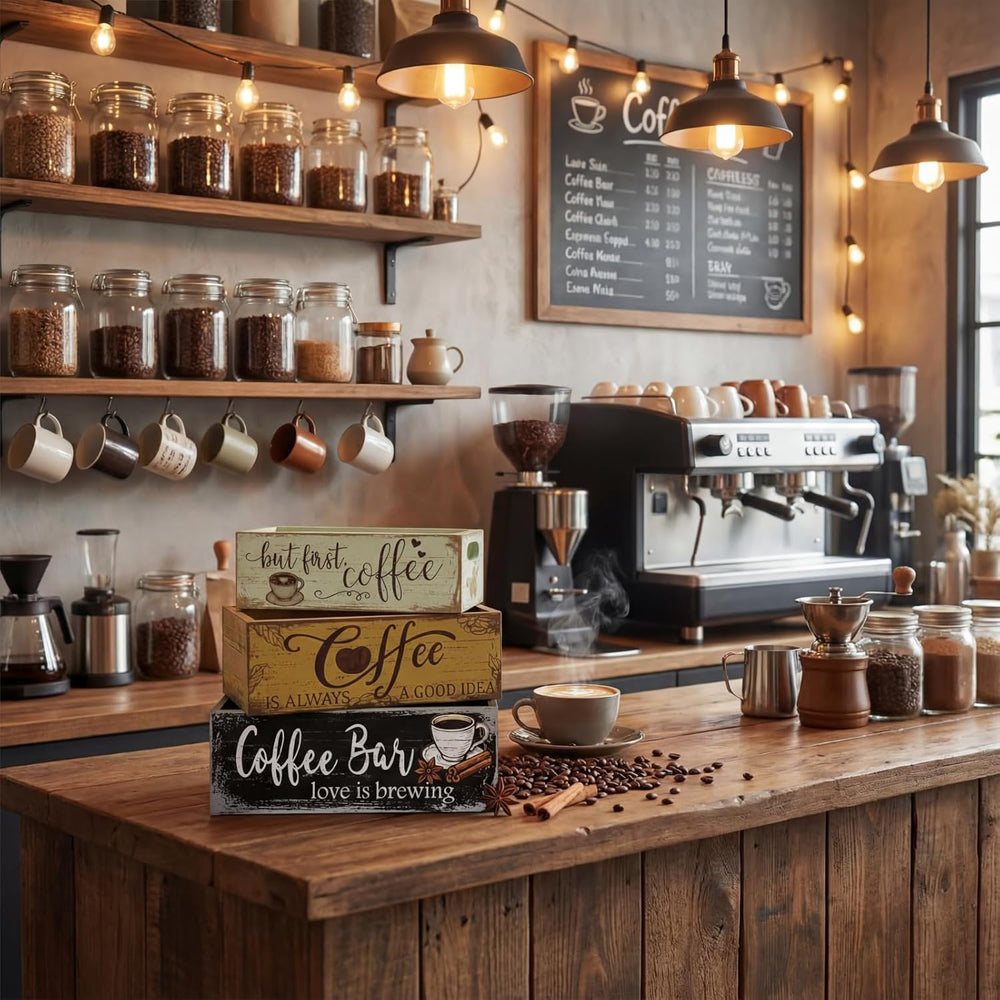 3 Pcs Christmas Wood Crate with Words Coffee Bar Love Is Brewing
