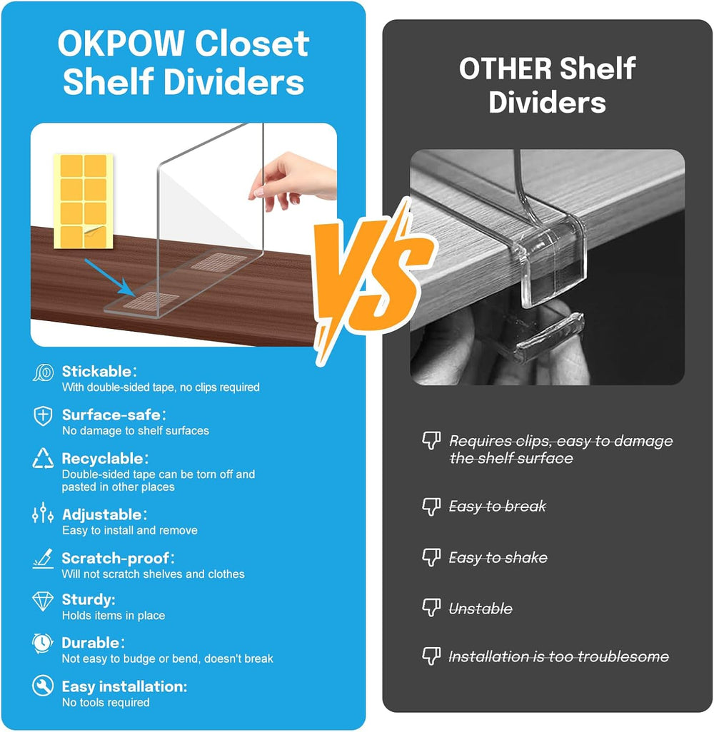 OKPOW Shelf Dividers Closet Organizer - 12" Tall X 11.8" Deep Acryl...