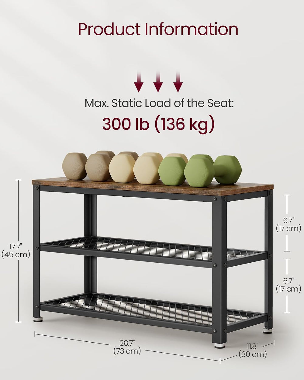VASAGLE 3-Tier Shoe Rack, Storage Bench with Metal Mesh Shelves and Seat