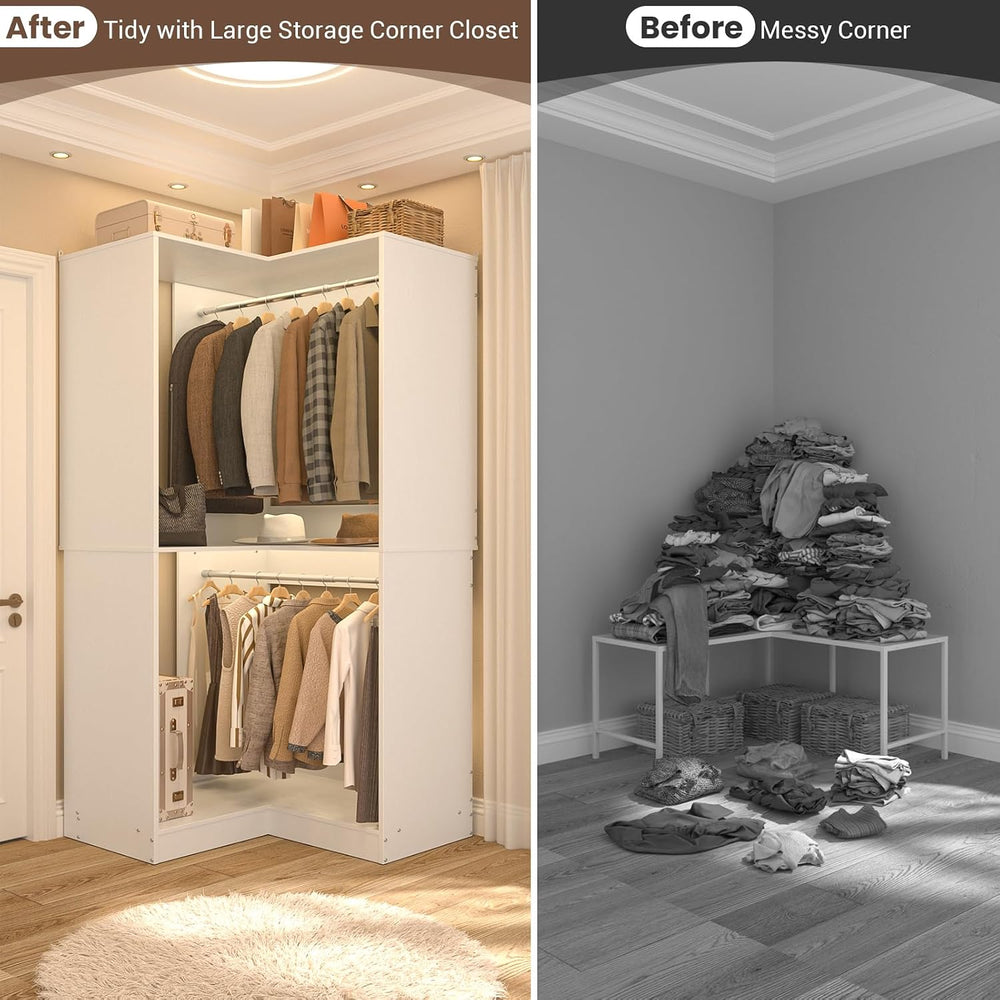 Armocity Corner Closet System, 32 Inches Wide Wood Unit with 2 Hanging Rods a...