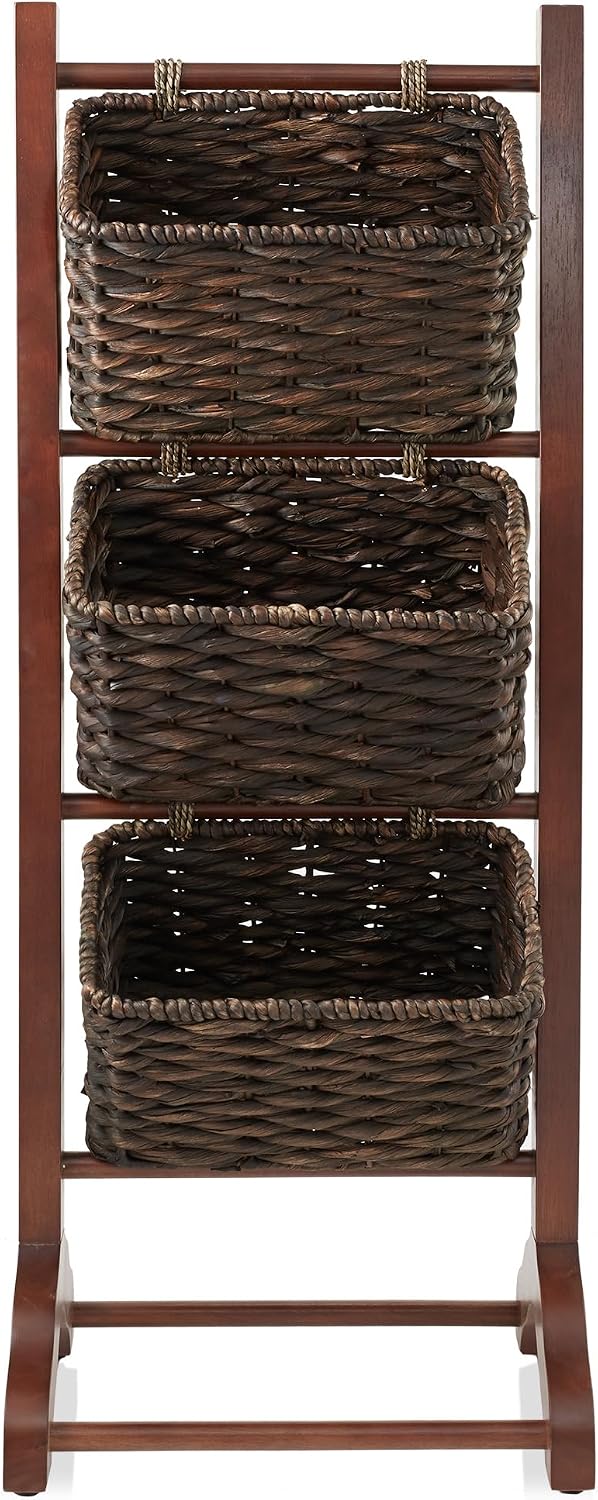 Casafield 3-Tier Floor Stand with Water Hyacinth Storage Baskets, Walnut/Espr...