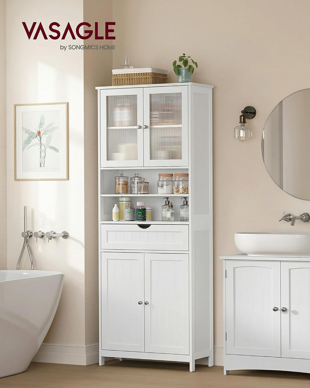 VASAGLE Storage Cabinet, Freestanding, Drawer, Open Compartments