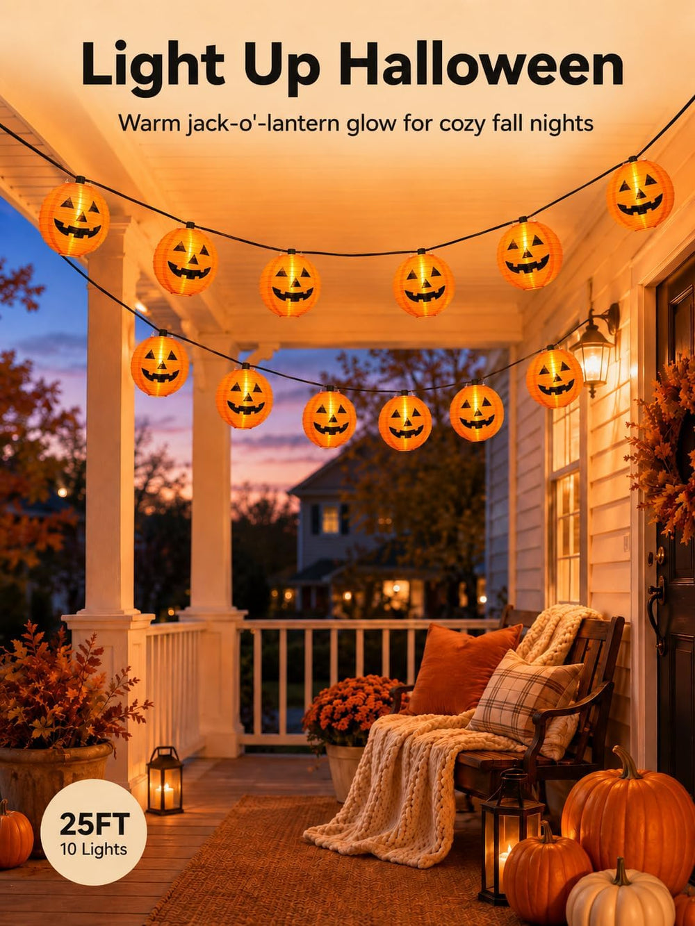 25FT Halloween Pumpkin Lantern String Lights, 10 Large Jack O'Lanterns