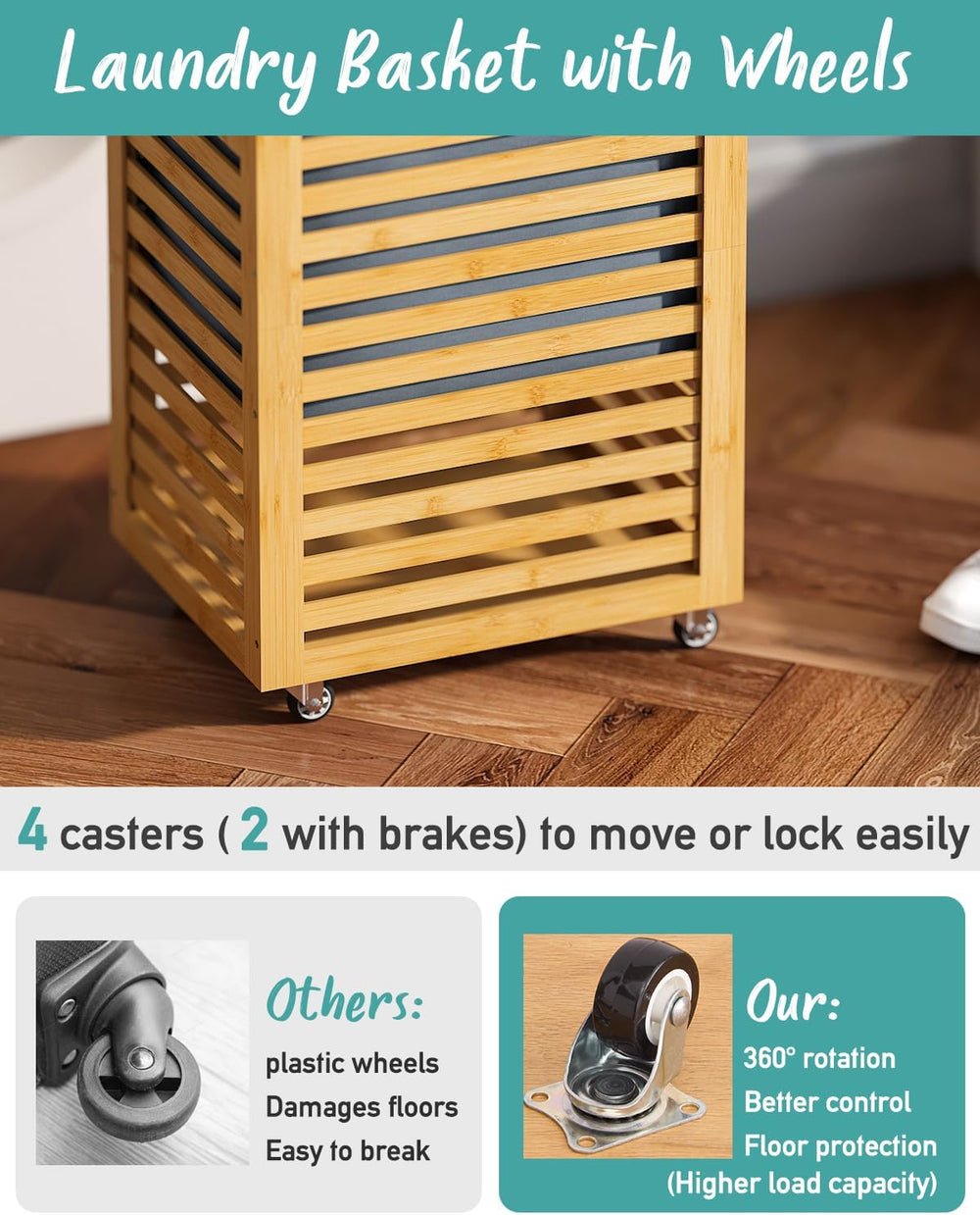 Laundry Hamper, 22.7 Gallon (86L) Bamboo Wood Clothes Laundry Basket with Whe...