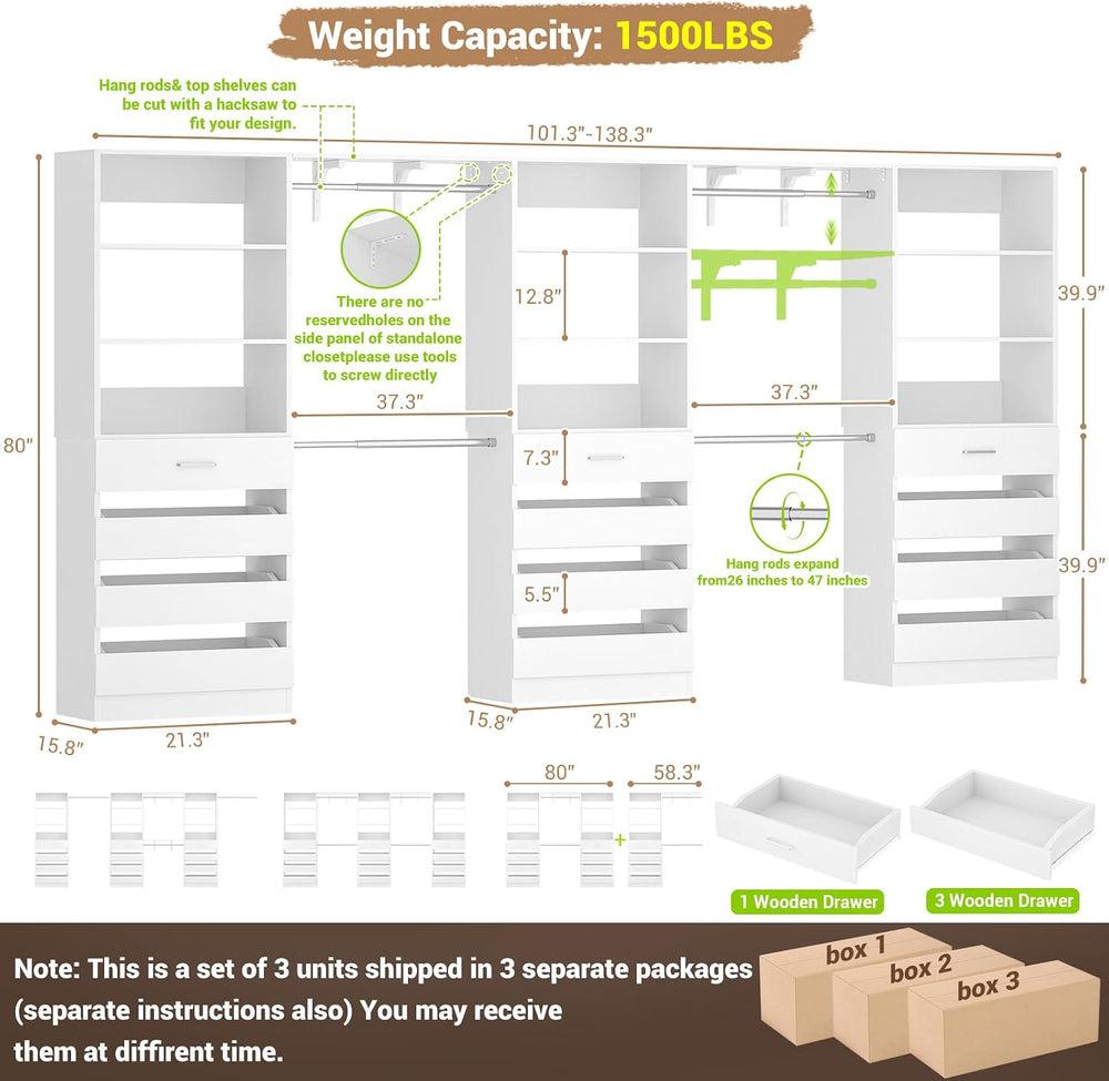 Aheaplus Closet System with 12 Drawers, 138.5" Custom Wood Closet Organizer