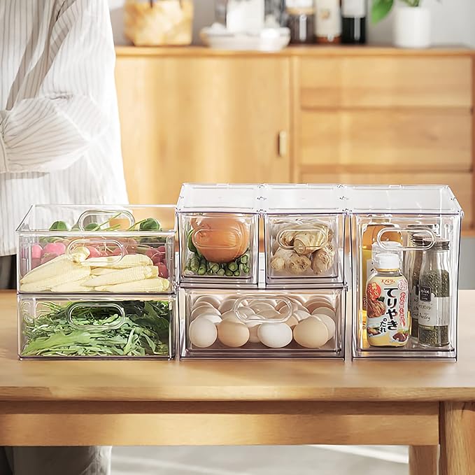 MineSign 2Pack Stackable Fridge Drawers Pull-Out Bins Divided Produce Saver