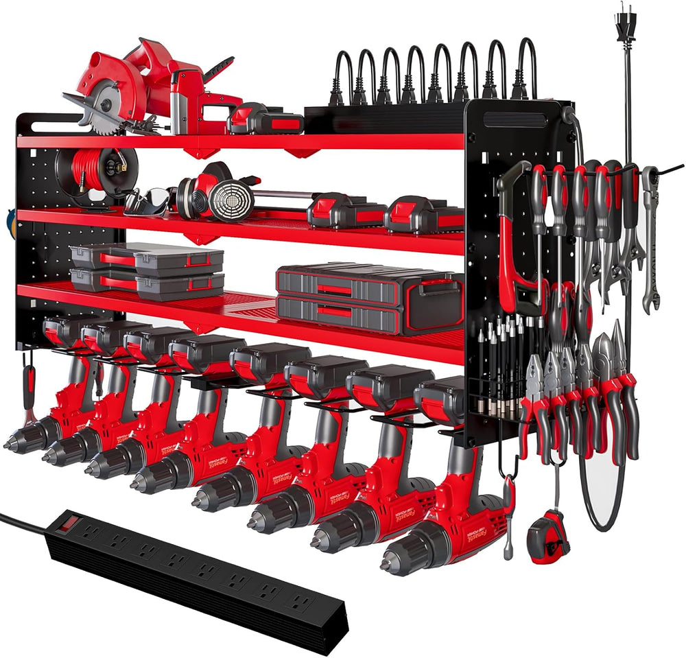 Power Tool Organizer Wall Mount, 8-Drill Charging Station, Red