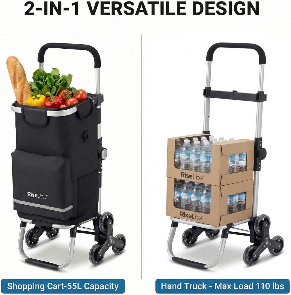 Stair Climbing Cart, Foldable Grocery Cart with 55L Cooler Pocket, 110 Lbs