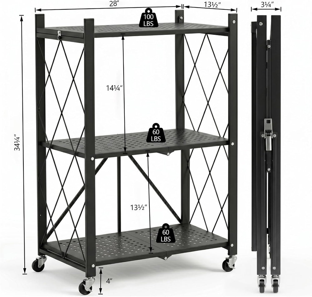 3-Tier Foldable Storage Shelves with Wheels (Black)