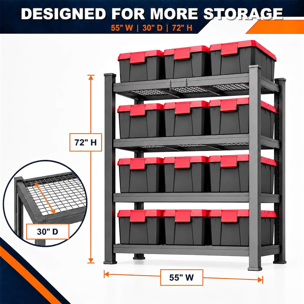 4 Tier Tote Rack for Storage Bins, Black, 55"W x 30"D x 72"H