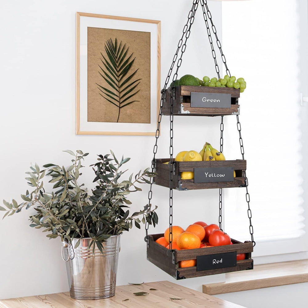 J JACKCUBE DESIGN 3-Tier Rustic Wood Hanging Fruit Basket, Kitchen Fruit, Veg...