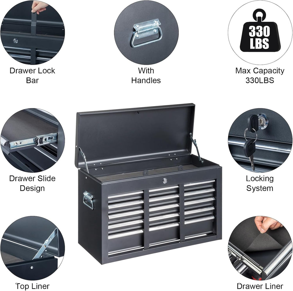 24" Portable Metal Tool Box, 5 Drawers Lockable Toolbox, Black